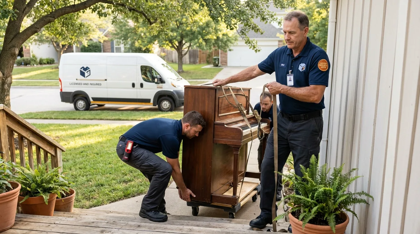 Licensed piano movers securing grand piano in Independence, OR